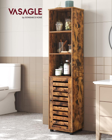 VASAGLE Dulap de baie, cu 3 compartimente deschise si spatiu de depozitare cu usa, 40x30x167cm, maro vintage [3]