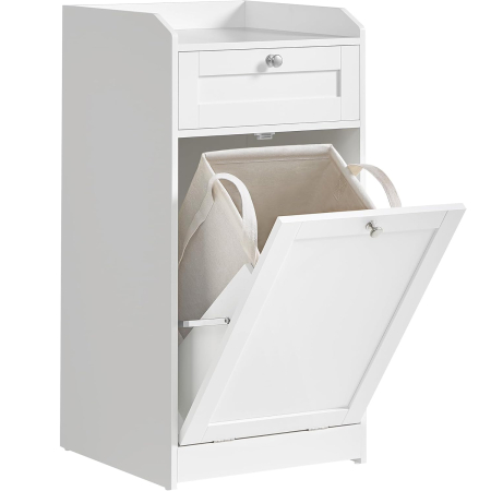 Mobilier baie - Dulap de baie cu cos de rufe integrat, sertar si blat cu margini ridicate, sac textil detasabil, 80x40x40 cm, alb