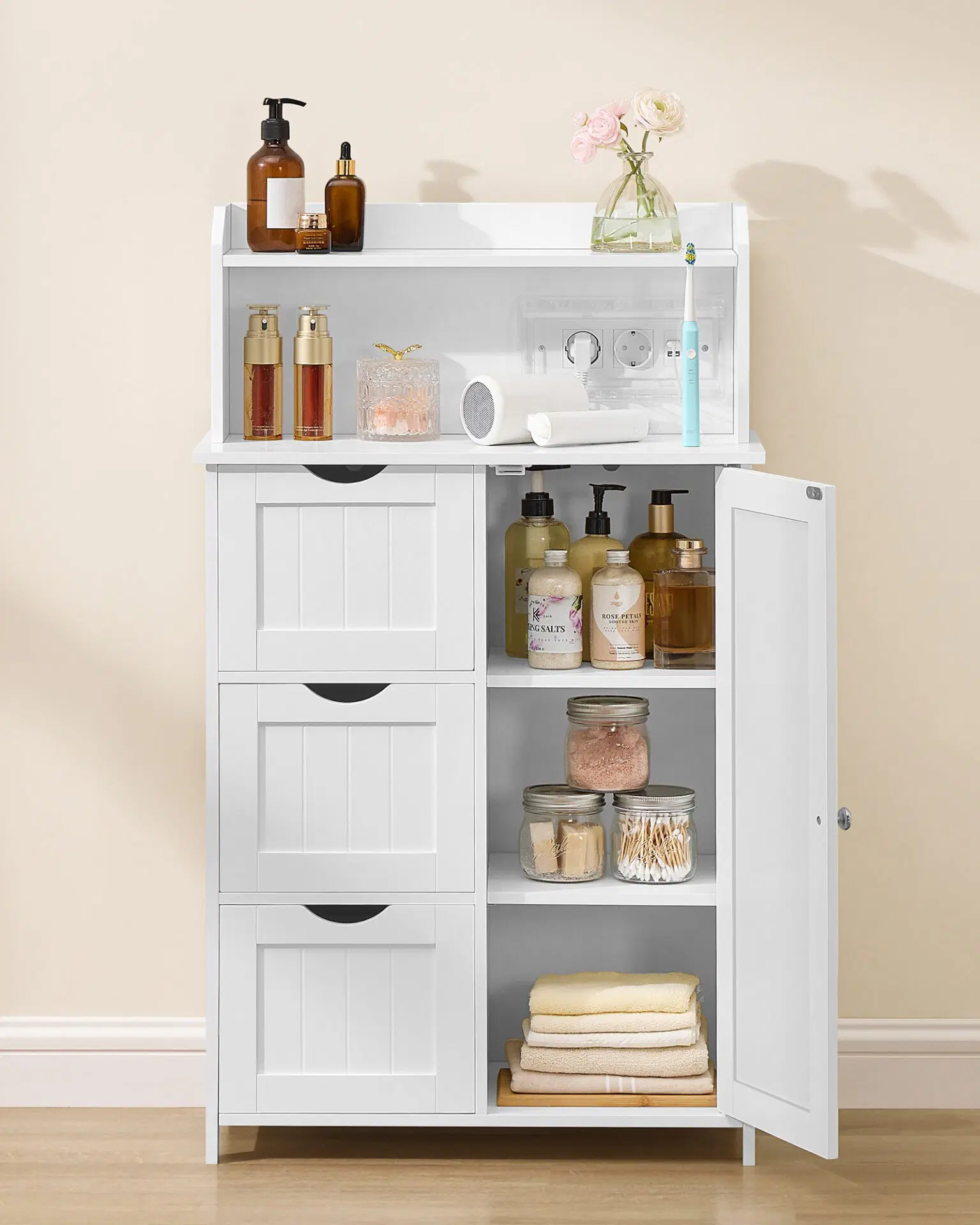 Dulap de baie cu sertare si usa, priza integrata cu USB, rafturi reglabile, MDF, 30x60x100 cm, alb [4]