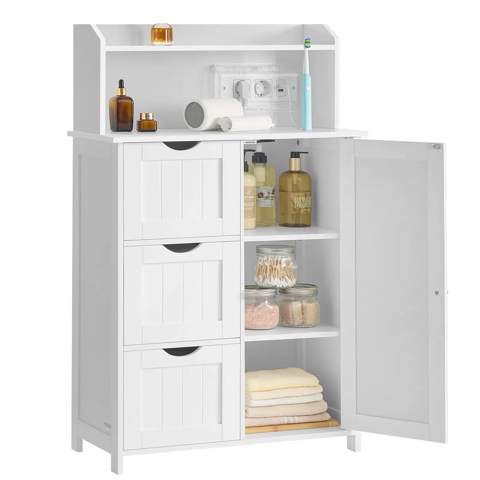 Mobilier baie - Dulap de baie cu sertare si usa, priza integrata cu USB, rafturi reglabile, MDF, 30x60x100 cm, alb