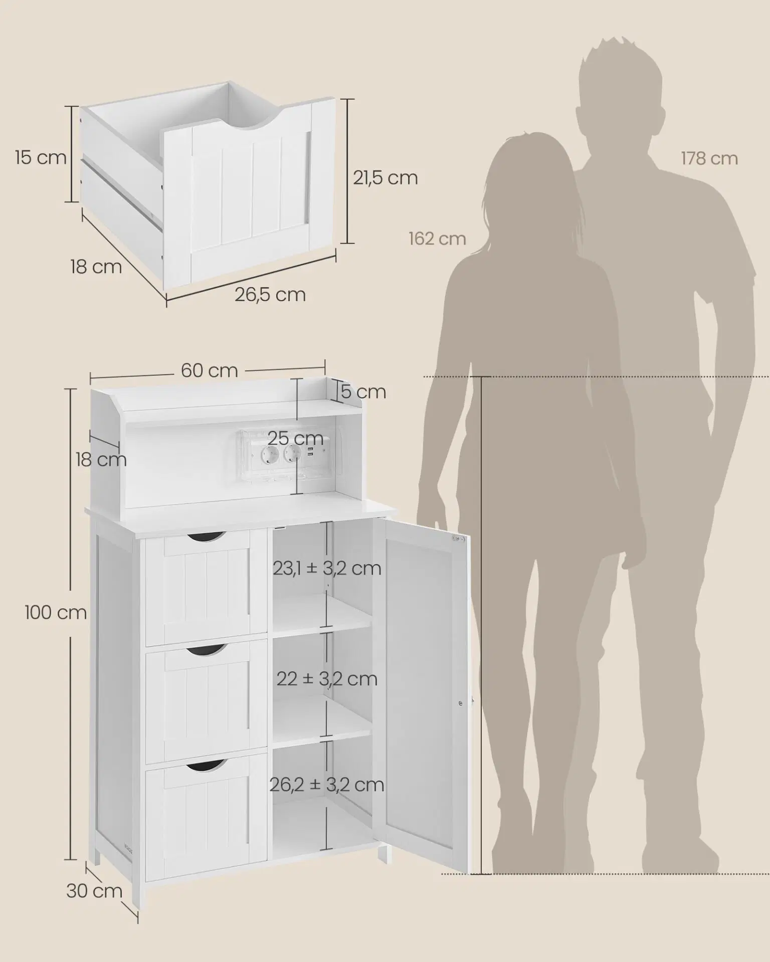 Dulap de baie cu sertare si usa, priza integrata cu USB, rafturi reglabile, MDF, 30x60x100 cm, alb [5]