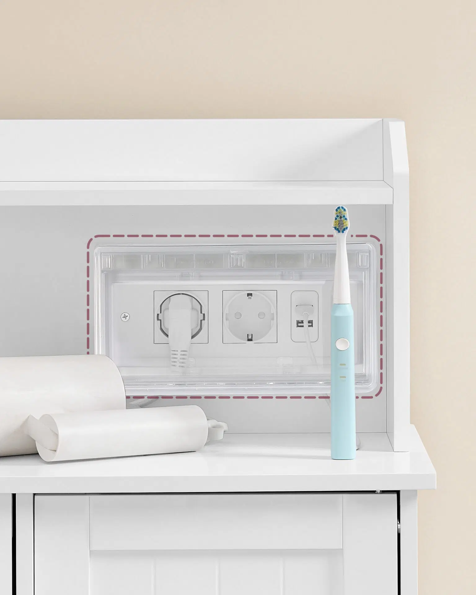 Dulap de baie cu sertare si usa, priza integrata cu USB, rafturi reglabile, MDF, 30x60x100 cm, alb [2]