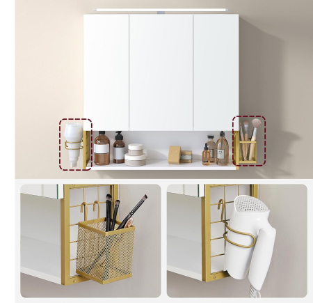 VASAGLE Dulap de baie de perete, 3 usi cu oglinda, compartiment deschis, 15x70x70 cm, alb auriu [7]