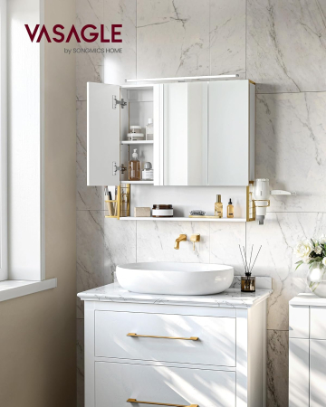 VASAGLE Dulap de baie de perete, 3 usi cu oglinda, compartiment deschis, 15x70x70 cm, alb auriu [2]