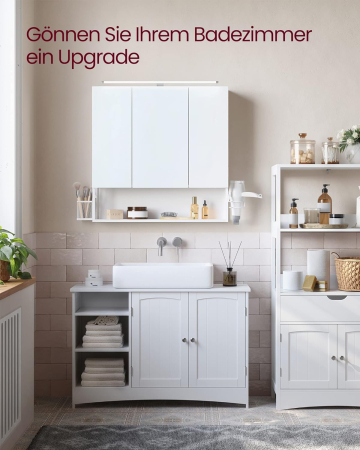 VASAGLE Dulap de baie de perete, 3 usi cu oglinda, compartiment deschis, 15x70x70cm, alb [7]