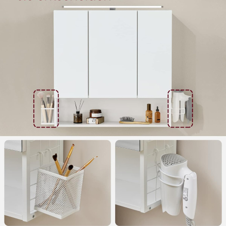 VASAGLE Dulap de baie de perete, 3 usi cu oglinda, compartiment deschis, 15x70x70cm, alb [5]