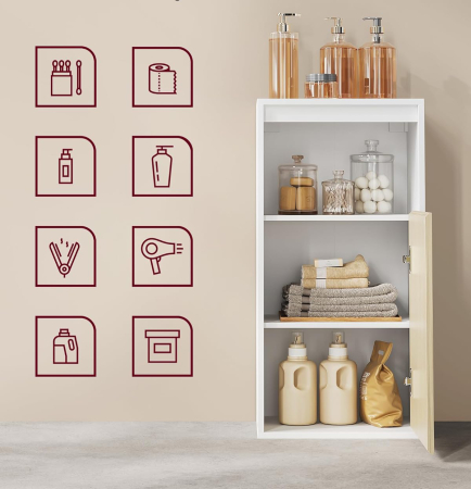 VASAGLE Dulap de baie de perete cu 3 polite, usa cu directie de deschidere reglabila, 30x40x80 cm, alb cu bej [4]