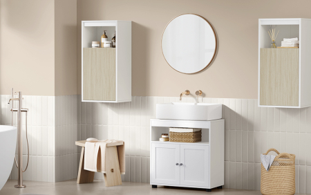 VASAGLE Dulap de baie de perete cu 3 polite, usa cu directie de deschidere reglabila, 30x40x80 cm, alb cu bej [10]