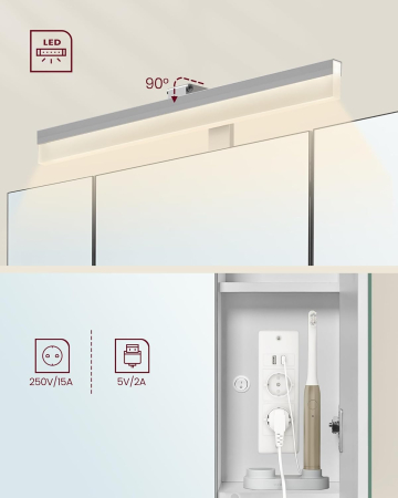 Dulap de baie de perete, cu oglinda si LED, prize si USB incorporate, 70x16x75 cm, alb [2]