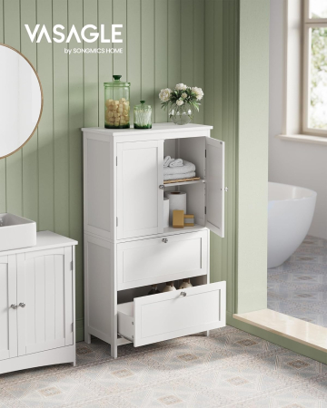 Dulap de baie, din MDF, cu 2 sertare si 2 usi, raft reglabil, 30x60x110cm, alb [3]