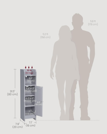 Dulap de baie, pentru spatii inguste, cu rafturi si usa, 18x20x80 cm, gri [4]