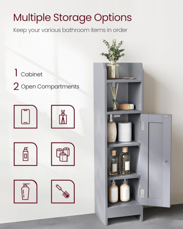 Dulap de baie, pentru spatii inguste, cu rafturi si usa, 18x20x80 cm, gri [3]