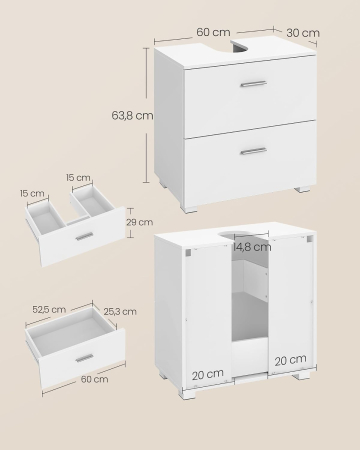 Dulap de baie sub lavoar cu 2 sertare glisante si 6 compartimente pentru organizare, compatibil cu lavoare fara piedestal, (nu include lavoar) [1]