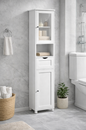 Dulap de baie tip coloana, cu raft deschis, sertar si usa din sticla, rafturi reglabile, 30x40x165 cm, alb [6]