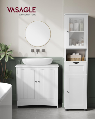 Dulap de baie tip coloana, cu raft deschis, sertar si usa din sticla, rafturi reglabile, 30x40x165 cm, alb [4]