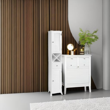 VASAGLE Dulap de depozitare de baie inalt tip coloana, cu usi si sertar, 32x30x170 cm, alb [3]