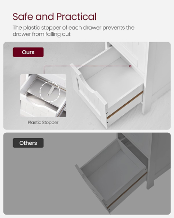 VASAGLE Dulap de depozitare de podea pentru baie, din lemn cu 4 sertare, 30x30x82cm, alb [4]