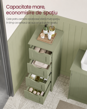 Dulap de depozitare de podea pentru baie, din lemn cu 4 sertare, 30x30x82cm, verde [4]