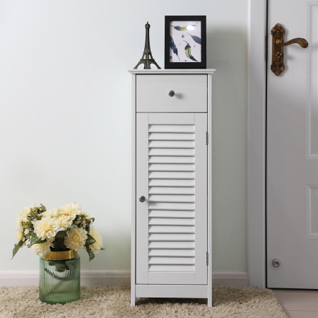 VASAGLE Dulap de depozitare de podea pentru baie, din lemn cu sertar, usa cu lamele, 32x30x87cm, alb [10]