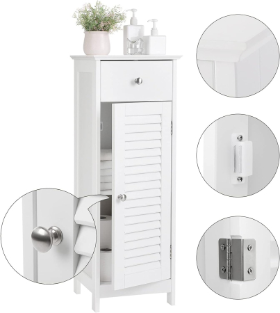 VASAGLE Dulap de depozitare de podea pentru baie, din lemn cu sertar, usa cu lamele, 32x30x87cm, alb [7]