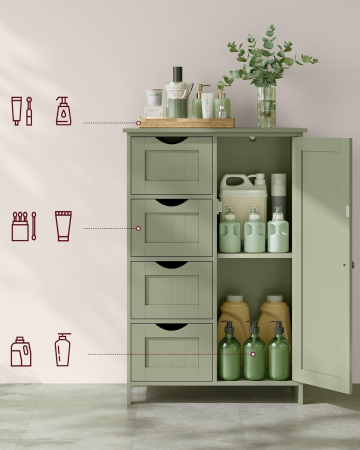 Dulap de depozitare pe podea pentru baie, MDF, cu 4 sertare, 1 usa, rafturi reglabile, 30x55x82cm, verde [6]