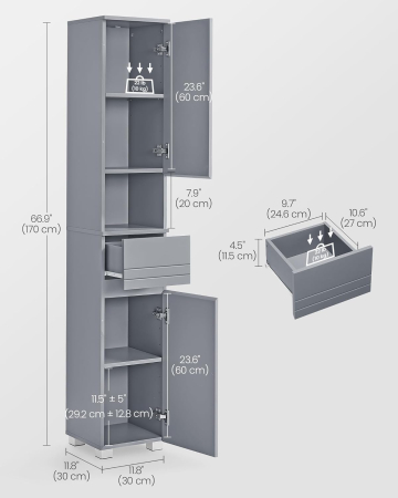 Dulap inalt 30x30x170 cm, cu sertar, rafturi reglabile si usi reversibile, MDF, gri [2]