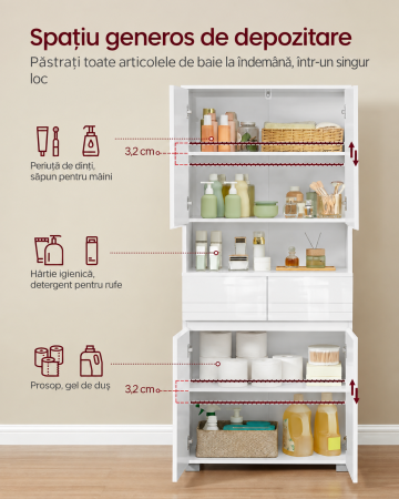 Dulap inalt de baie cu 2 dulapuri inchise, 2 sertare si compartiment deschis pentru organizarea prosoapelor si cosmeticelor, rafturi reglabile [1]