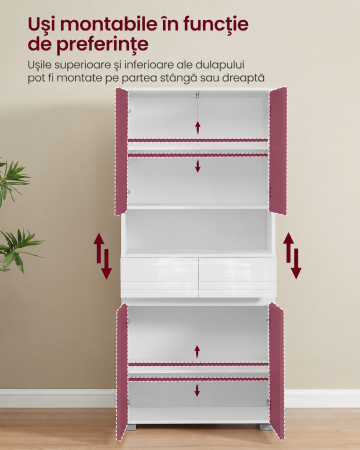 Dulap inalt de baie cu 2 dulapuri inchise, 2 sertare si compartiment deschis pentru organizarea prosoapelor si cosmeticelor, rafturi reglabile [3]