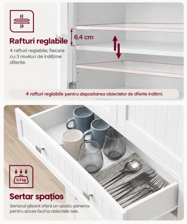 Dulap inalt de bucatarie pentru organizarea alimentelor, veselei si condimentelor, cu 2 dulapuri, sertar spatios, 4 rafturi interioare reglabi [5]