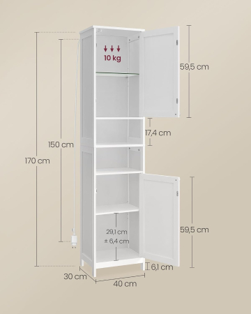Dulap inalt pentru baie cu iluminare LED si rafturi reglabile, MDF, 30x40x170 cm, alb [1]