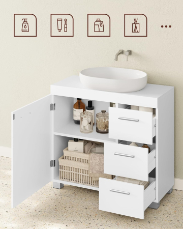 VASAGLE Dulap lavoar baie cu 3 sertare si 2 compartimente, MDF, 30x70x64 cm, alb [7]