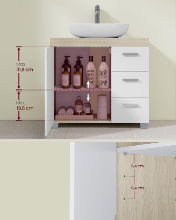 Dulap lavoar baie cu 3 sertare si 2 compartimente, MDF, 30x70x64 cm, alb si bej [5]