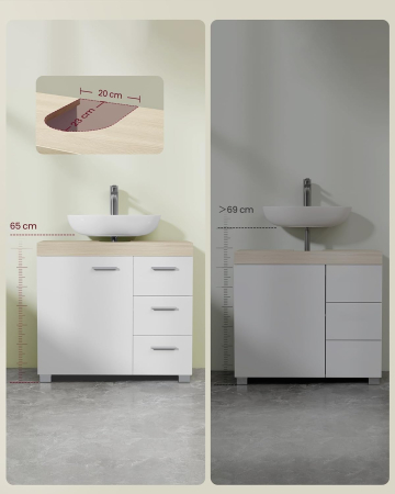 Dulap lavoar baie cu 3 sertare si 2 compartimente, MDF, 30x70x64 cm, alb si bej [4]