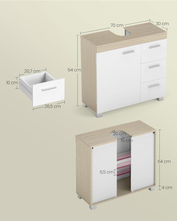 Dulap lavoar baie cu 3 sertare si 2 compartimente, MDF, 30x70x64 cm, alb si bej [1]