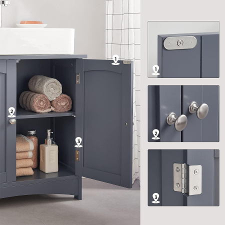 VASAGLE Dulap lavoar baie, cu spatiu de depozitare cu 2 usi si rafturi reglabile, 60x30x60cm, gri [5]