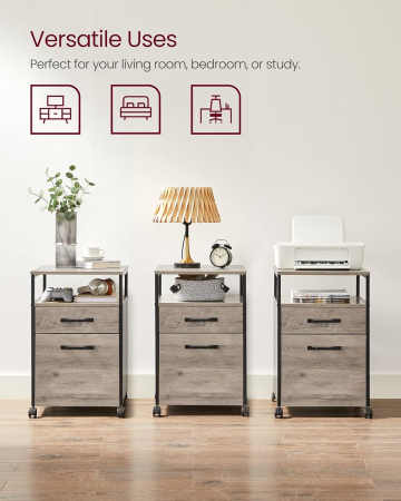 VASAGLE Dulap mobil 42x44x69 cm, cu 2 sertare si roti cu frana, compartiment deschis si suport dosare, PAL si otel, gri si negru [1]