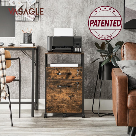 Dulap mobil 42x44x69 cm, cu 2 sertare si roti cu frana, compartiment deschis si suport dosare, PAL si otel, maro rustic si negru [7]