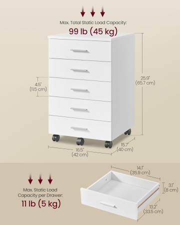 Dulap mobil rollbox 5 sertare cu roti cadru pal, 42x40x66 cm, organizare birou, alb [1]