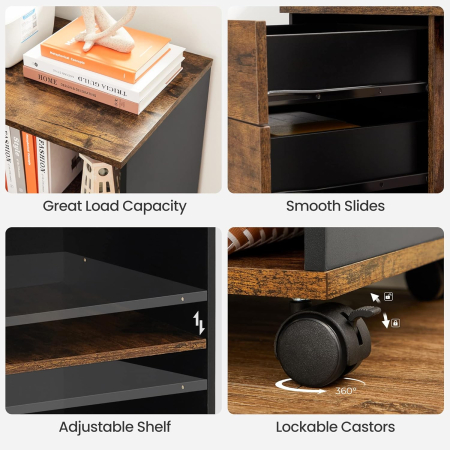 VASAGLE Dulap mobil tip rollbox pentru birouri, sertar cu sina suport dosare, stil industrial, 40x80x66 cm, maro rustic [13]