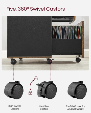 VASAGLE Dulap mobil tip rollbox pentru birouri, sertar cu sina suport dosare, stil industrial, 40x80x66 cm, maro rustic [7]