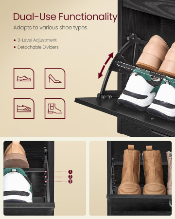 Dulap pantofi 4 clapete, compartimentare reglabila, 16-28 perechi de incaltaminte, 106x24x83 cm, negru abanos [5]