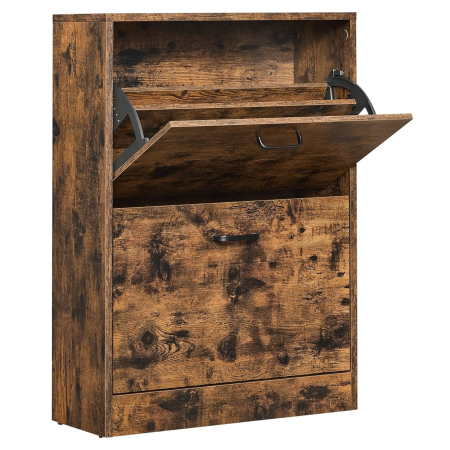 Living & hol - Dulap pantofi cu 2 usi rabatabile, din MDF, pentru 8-12 perechi, 60x24x84cm, maro rustic
