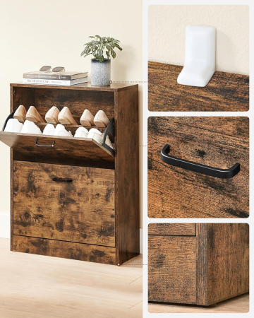 Dulap pantofi cu 2 usi rabatabile, din MDF, pentru 8-12 perechi, 60x24x84cm, maro rustic [6]