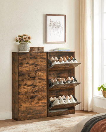 Dulap pantofi cu 3 usi rabatabile, din lemn, pentru 12-18 perechi, 60x24x120cm, maro rustic [1]