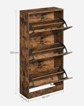Dulap pantofi cu 3 usi rabatabile, din lemn, pentru 12-18 perechi, 60x24x120cm, maro rustic [3]