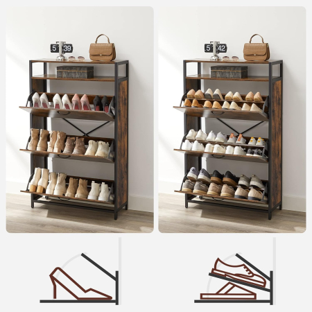 Dulap pantofi din MDF cu 3 usi basculante, pentru 15-24 perechi, 80x30x130cm, maro rustic [7]