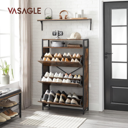 Dulap pantofi din MDF cu 3 usi basculante, pentru 15-24 perechi, 80x30x130cm, maro rustic [3]