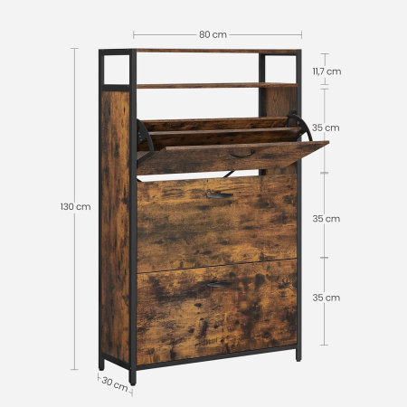 Dulap pantofi din MDF cu 3 usi basculante, pentru 15-24 perechi, 80x30x130cm, maro rustic [4]