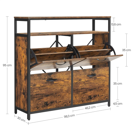 VASAGLE Dulap pantofi din MDF cu ​​4 usi basculante, pentru 12-20 perechi, 98x30x95cm, maro rustic si negru [2]