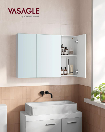 Dulap pentru baie cu oglinda, 3 usi si rafturi reglabile, MDF, 90x15x60 cm, alb [2]